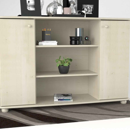 SEO. Anika Kommode Bio Kiefer Massivholz | 2-Türige Anrichte mit offenen Regalen - Weiss Linkreich