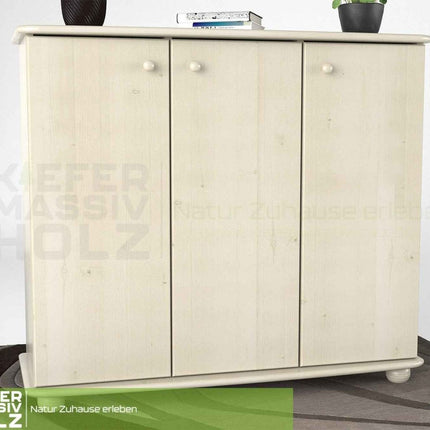 SEO. Anika Kommode Bio Kiefer Massivholz | 93er Sideboard 3-Türig mit Regalfächer - Weiss Linkreich