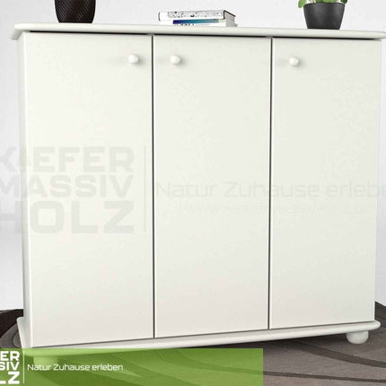 SEO. Anika Kommode Bio Kiefer Massivholz | 93er Sideboard 3-Türig mit Regalfächer - Schneeweiss Linkreich