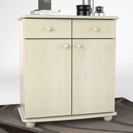 SEO. Anika Kommode Bio Kiefer Massivholz | Sideboard mit 2 Schubladen, 2 Türen und 2 Regalfächern - Weiss Linkreich