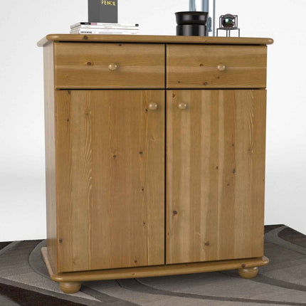 SEO. Anika Kommode Bio Kiefer Massivholz | Sideboard mit 2 Schubladen, 2 Türen und 2 Regalfächern - Antik Kiefer Linkreich