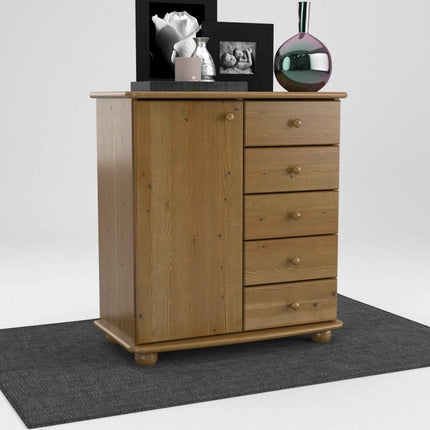 SEO. Anika Kommode Bio Kiefer Massivholz | Sideboard mit 5 Schubladen und 1 Tür - Antik Kiefer Linkreich