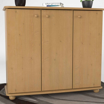 SEO. Anika Kommode Kiefer Massivholz 110er | 3-Türig Sideboard mit Regalfächer aus 100% Bio Holz - Capuccino Linkreich