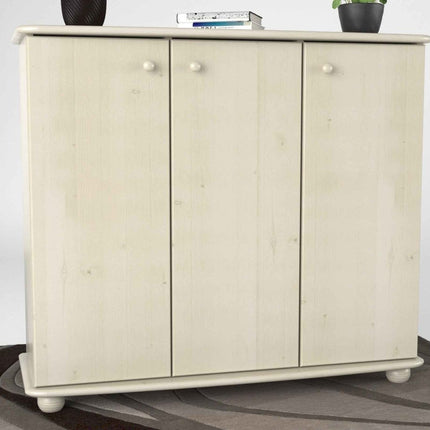 SEO. Anika Kommode Kiefer Massivholz 110er | 3-Türig Sideboard mit Regalfächer aus 100% Bio Holz - Weiss Linkreich
