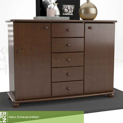 SEO. Anika Kommode Sideboard | Anrichte | 2-Türig | 5-Schubladen | 100% Bio Kiefer Massivholz - Nussbaum Linkreich
