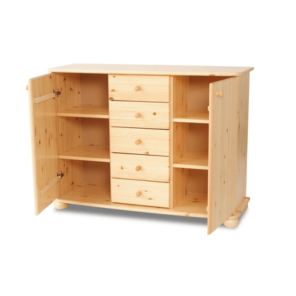 SEO. Anika Kommode Sideboard | Anrichte | 2 - Türig | 5 - Schubladen | 100% Bio Kiefer Massivholz - Natur Linkreich