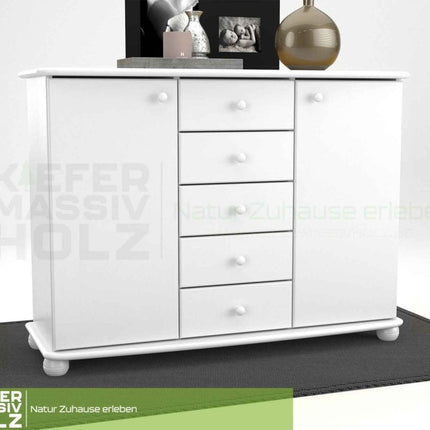 SEO. Anika Kommode Sideboard | Anrichte | 2-Türig | 5-Schubladen | 100% Bio Kiefer Massivholz - Schneeweiss Linkreich