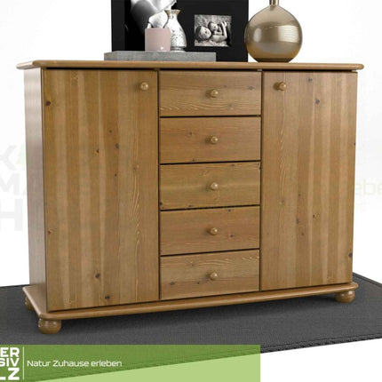 SEO. Anika Kommode Sideboard | Anrichte | 2-Türig | 5-Schubladen | 100% Bio Kiefer Massivholz - Antik Kiefer Linkreich