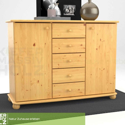 SEO. Anika Kommode Sideboard | Anrichte | 2-Türig | 5-Schubladen | 100% Bio Kiefer Massivholz - Natur Linkreich