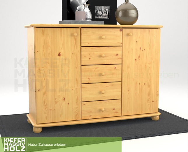 SEO. Anika Kommode Sideboard | Anrichte | 2 - Türig | 5 - Schubladen | 100% Bio Kiefer Massivholz - Natur Linkreich