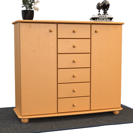SEO. Anika Kommode Sideboard | Anrichte | 2-Türig | 6-Schubladen | 100% Bio Kiefer Massivholz - Capuccino Linkreich