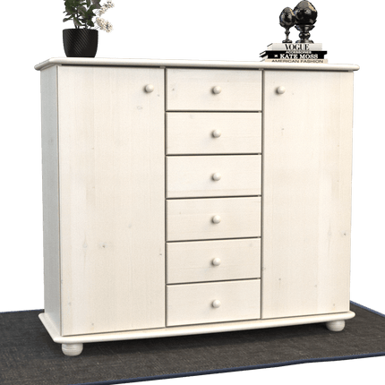 SEO. Anika Kommode Sideboard | Anrichte | 2-Türig | 6-Schubladen | 100% Bio Kiefer Massivholz - Weiss Linkreich