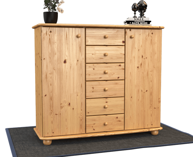 SEO. Anika Kommode Sideboard | Anrichte | 2 - Türig | 6 - Schubladen | 100% Bio Kiefer Massivholz - Natur Linkreich