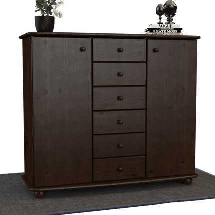 SEO. Anika Kommode Sideboard | Anrichte | 2-Türig | 6-Schubladen | 100% Bio Kiefer Massivholz - Wenge Linkreich