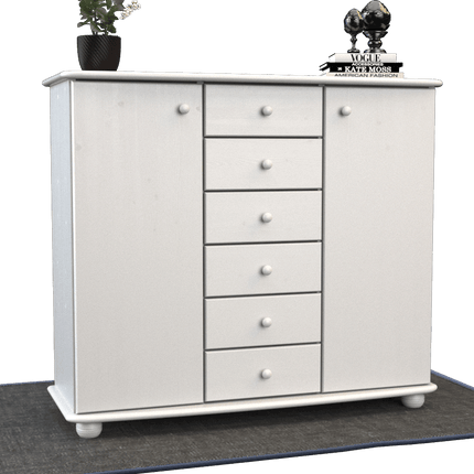 SEO. Anika Kommode Sideboard | Anrichte | 2-Türig | 6-Schubladen | 100% Bio Kiefer Massivholz - Schneeweiss Linkreich