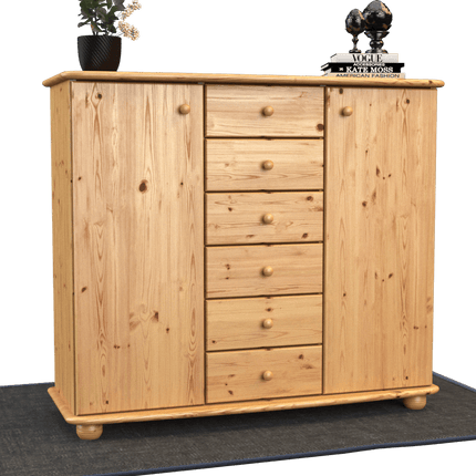 SEO. Anika Kommode Sideboard | Anrichte | 2-Türig | 6-Schubladen | 100% Bio Kiefer Massivholz - Natur Linkreich