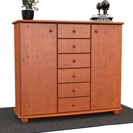 SEO. Anika Kommode Sideboard | Anrichte | 2-Türig | 6-Schubladen | 100% Bio Kiefer Massivholz - Kirsch Linkreich