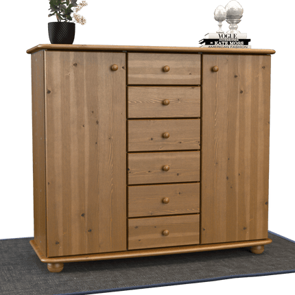 SEO. Anika Kommode Sideboard | Anrichte | 2-Türig | 6-Schubladen | 100% Bio Kiefer Massivholz - Antik Kiefer Linkreich