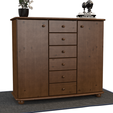 SEO. Anika Kommode Sideboard | Anrichte | 2-Türig | 6-Schubladen | 100% Bio Kiefer Massivholz - Nussbaum Linkreich