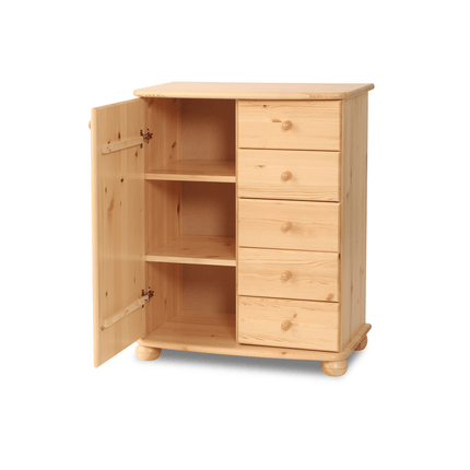 SEO. Anika Kommode Sideboard | Anrichte | 5 - Schubladen | 1 - Türig | 100% Bio Kiefer Massivholz - Weiss Linkreich