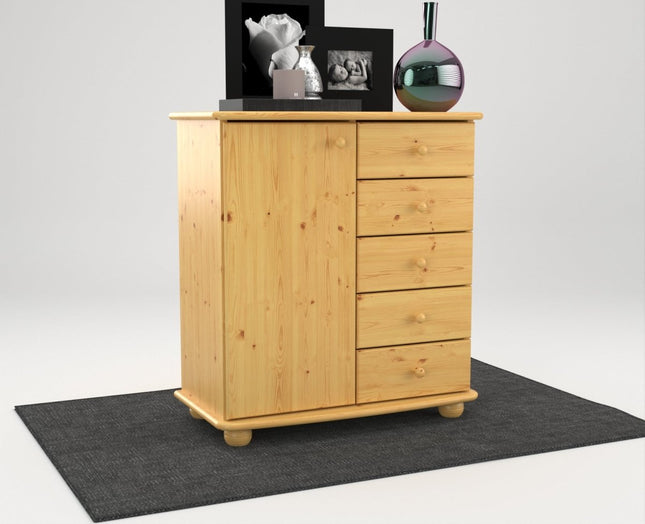 SEO. Anika Kommode Sideboard | Anrichte | 5 - Schubladen | 1 - Türig | 100% Bio Kiefer Massivholz - Natur Linkreich