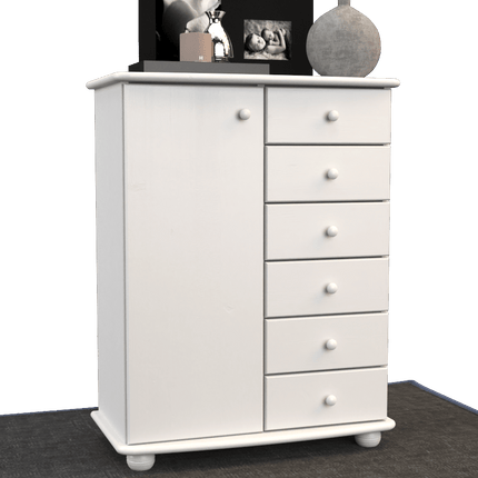 SEO. Anika Kommode Sideboard | Anrichte | 6-Schubladen | 1-Türig | 100% Bio Kiefer Massivholz - Schneeweiss Linkreich