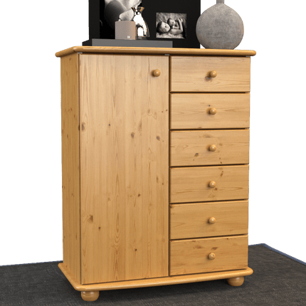 SEO. Anika Kommode Sideboard | Anrichte | 6-Schubladen | 1-Türig | 100% Bio Kiefer Massivholz - Natur Linkreich