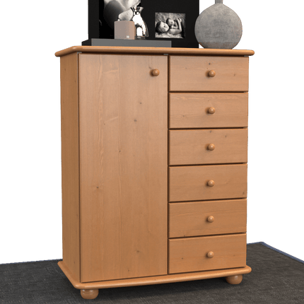 SEO. Anika Kommode Sideboard | Anrichte | 6-Schubladen | 1-Türig | 100% Bio Kiefer Massivholz - Capuccino Linkreich