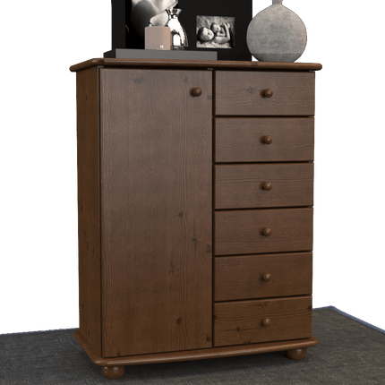 SEO. Anika Kommode Sideboard | Anrichte | 6-Schubladen | 1-Türig | 100% Bio Kiefer Massivholz - Nussbaum Linkreich
