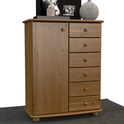 SEO. Anika Kommode Sideboard | Anrichte | 6-Schubladen | 1-Türig | 100% Bio Kiefer Massivholz - Antik Kiefer Linkreich