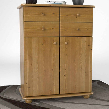 SEO. Anika Kommode Sideboard aus 100% Bio Kiefer Massivholz | 2-Türig | 4 Schubladen Anrichte - Antik Kiefer Linkreich