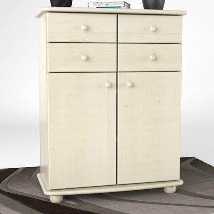 SEO. Anika Kommode Sideboard aus 100% Bio Kiefer Massivholz | 2-Türig | 4 Schubladen Anrichte - Weiss Linkreich