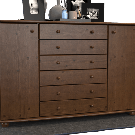 SEO. Anika Kommode XL Sideboard | Anrichte | 2-Türig | 6-Schubladen | 100% Bio Kiefer Massivholz - Nussbaum Linkreich