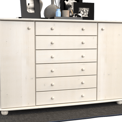 SEO. Anika Kommode XL Sideboard | Anrichte | 2-Türig | 6-Schubladen | 100% Bio Kiefer Massivholz - Schneeweiss Linkreich