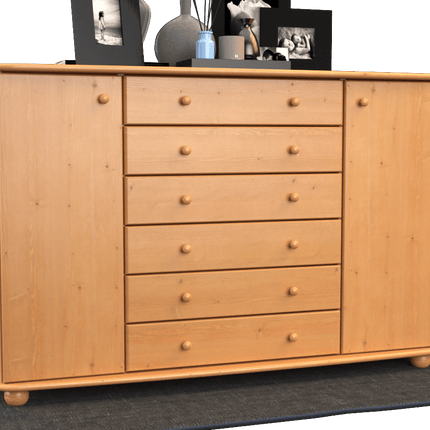 SEO. Anika Kommode XL Sideboard | Anrichte | 2-Türig | 6-Schubladen | 100% Bio Kiefer Massivholz - Capuccino Linkreich