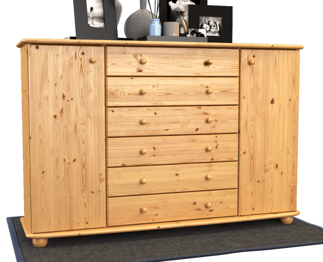 SEO. Anika Kommode XL Sideboard | Anrichte | 2 - Türig | 6 - Schubladen | 100% Bio Kiefer Massivholz - Natur Linkreich