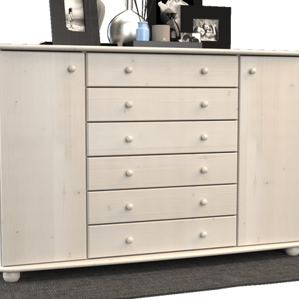 SEO. Anika Kommode XL Sideboard | Anrichte | 2-Türig | 6-Schubladen | 100% Bio Kiefer Massivholz - Weiss Linkreich