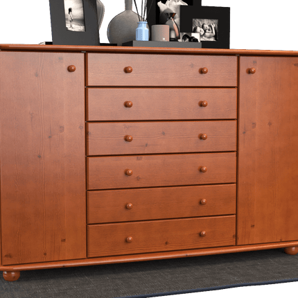 SEO. Anika Kommode XL Sideboard | Anrichte | 2-Türig | 6-Schubladen | 100% Bio Kiefer Massivholz - Kirsch Linkreich