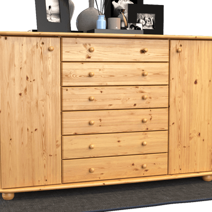 SEO. Anika Kommode XL Sideboard | Anrichte | 2-Türig | 6-Schubladen | 100% Bio Kiefer Massivholz - Natur Linkreich