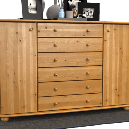 SEO. Anika Kommode XL Sideboard | Anrichte | 2-Türig | 6-Schubladen | 100% Bio Kiefer Massivholz - Antik Kiefer Linkreich