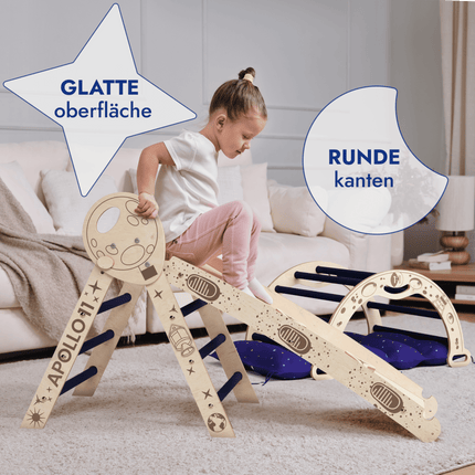 Apollo 4in1 Kletterset: Pikler-Dreieck, Kletterbogen, Rutschbrett und Kissen für kleine Kleinkind-Astronauten