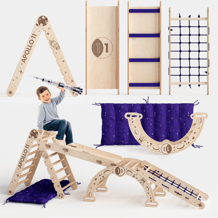 Apollo 5-in-1 Kletterset: Pikler-Dreieck, Kletterbogen, Rutschbrett, Kissen und Netz für kleine Astronauten