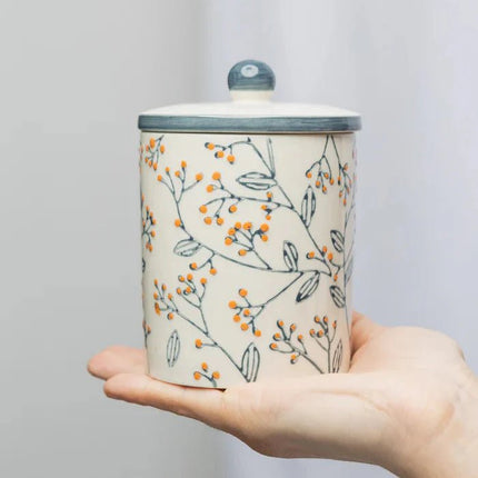 SEO. Aufbewahrungsdose ROMANTIC aus Steinzeug – handgestempelt & floral | Tranquillo - Linkreich