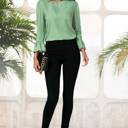 Polka Dot Print Frill Detail Cuff Top In Green