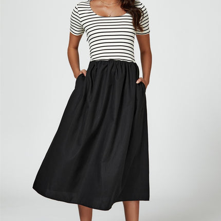 Short Sleeve Black Stripe Midi Dress In White