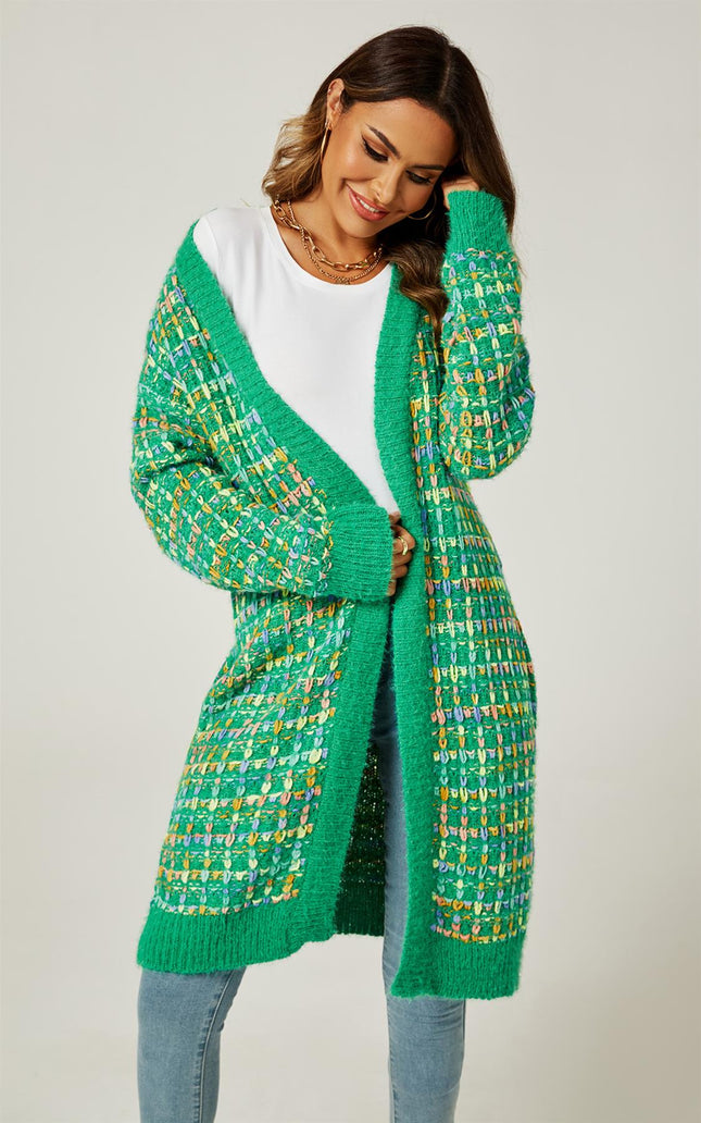 Green Boucle Check Cardigan In Rainbow Multicolour Speckles