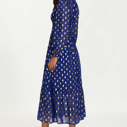 Lace Trim Foil Long Sleeve Maxi Dress In Royal Blue