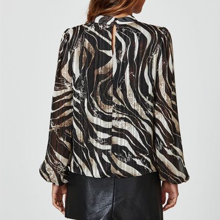 Silver Thread Zebra Print Long Sleeve Blouse Top In Black