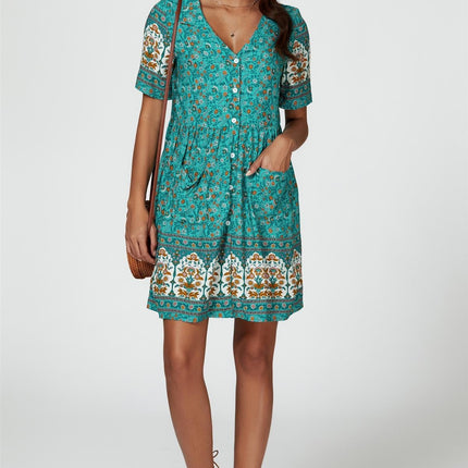 Print Boho Mini Dress In Green