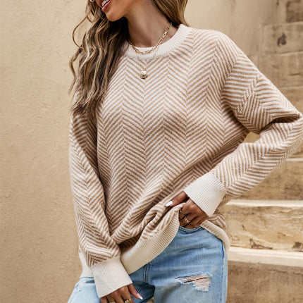 Chic Geometric Intarsia Knit Jumper Top In Beige & Taupe